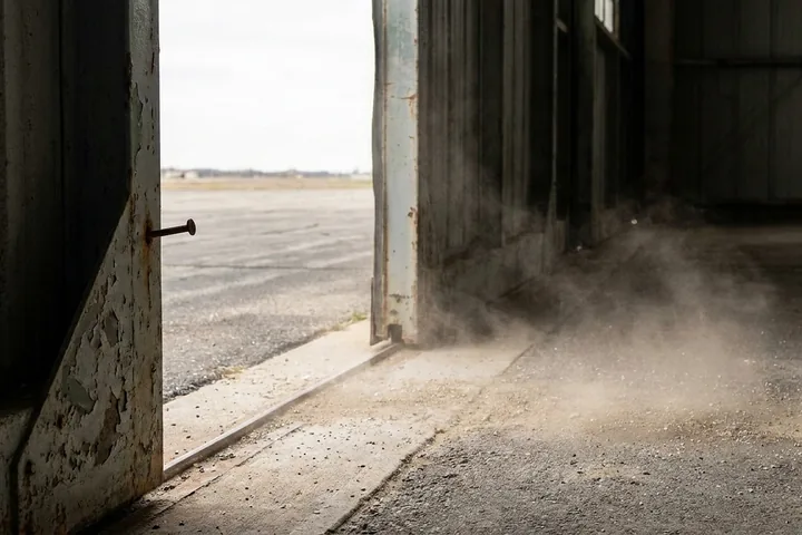 A weathered, slightly open metal door with a rusty nail, bright sun illuminating dust on a concrete floor in a dark interior (AI-generated image)