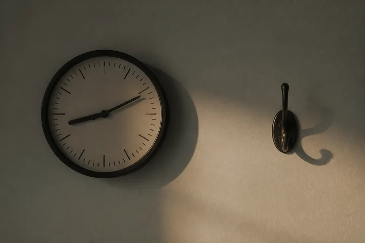A wall clock and an empty coat hook side by side on a plain painted wall in late afternoon light (AI-generated image)