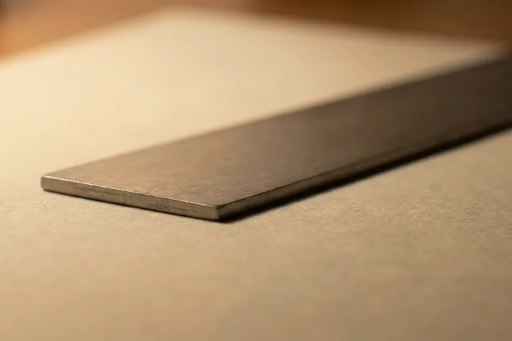 A long brushed metal strip laid diagonally across a light beige textured surface (AI-generated image)