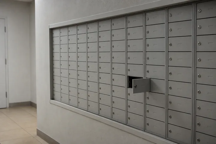 A bank of locked mailboxes in a plain lobby, one door slightly ajar under flat fluorescent light (AI-generated image)