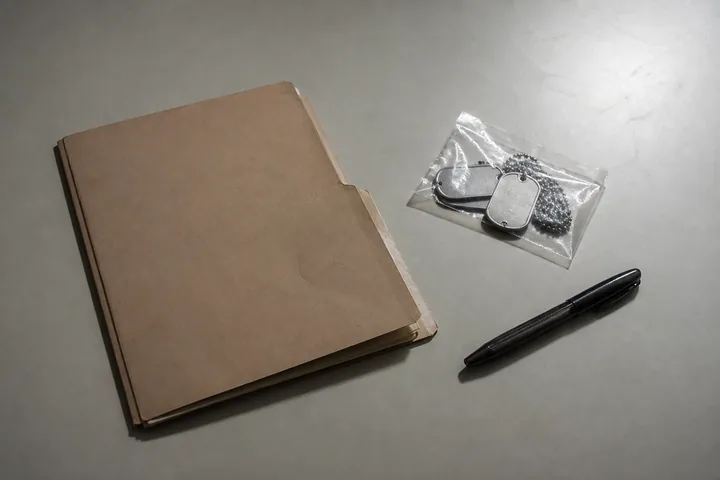 A folded enlistment folder, a set of dog tags still sealed in their bag and a pen on a bare table (AI-generated image)