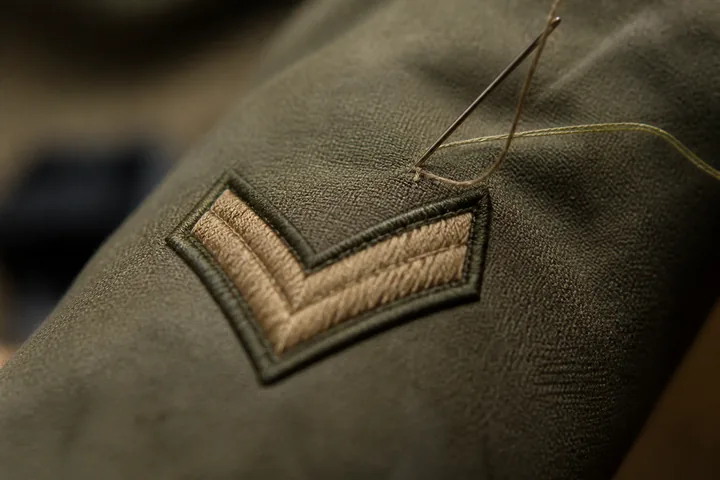 A sewing needle and thread part-way through attaching a chevron to a uniform sleeve, seen close (AI-generated image)