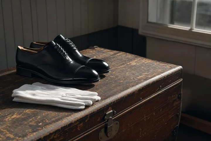 A pair of polished black dress shoes and folded white cotton gloves on the lid of a scuffed wooden footlocker (AI-generated image)