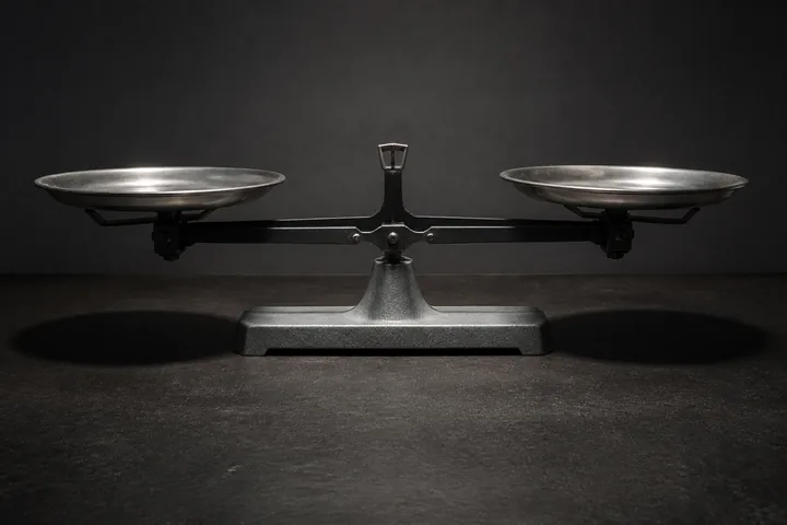 A beam balance scale on a dark workbench, both pans empty and level under a single overhead lamp (AI-generated image)