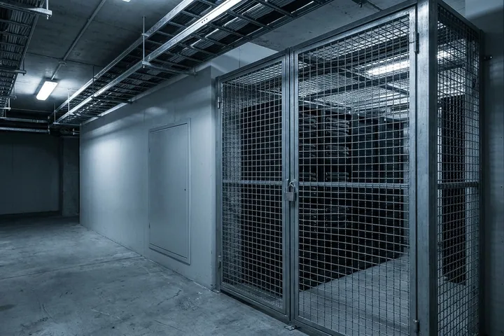 A large padlocked metal mesh security cage showing dark contents in a concrete industrial space (AI-generated image)