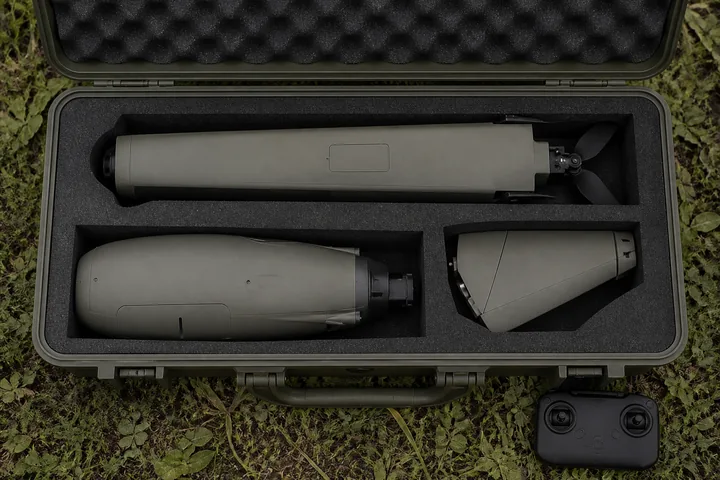 A small unmanned aircraft in three sections inside a foam-lined transit case on grass, controller beside it (AI-generated image)