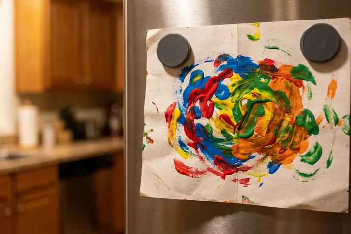 A child's vibrant finger painting of colourful swirls on creased paper, held by two magnets on a stainless steel refrigerator (AI-generated image)