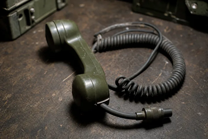 A military field telephone handset and its coiled cable lying on a scuffed workbench, equipment cases behind it (AI-generated image)