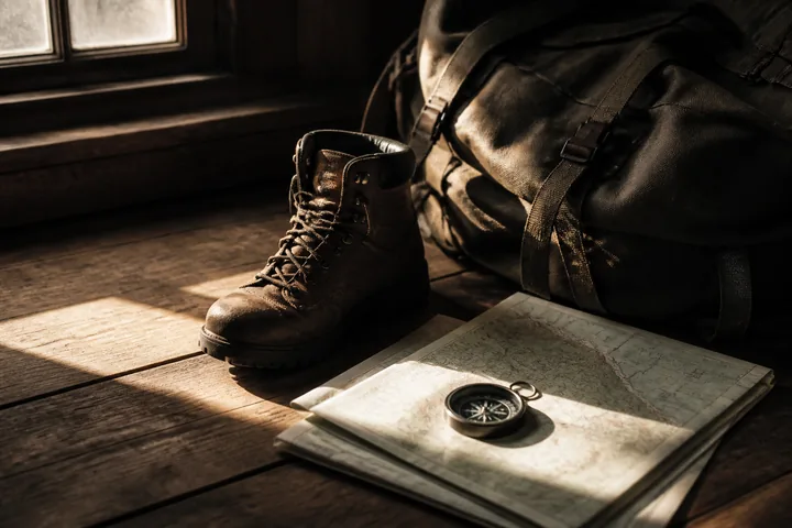A boot, a folded map and a compass on a wooden floor beside a packed bag in early morning light (AI-generated image)