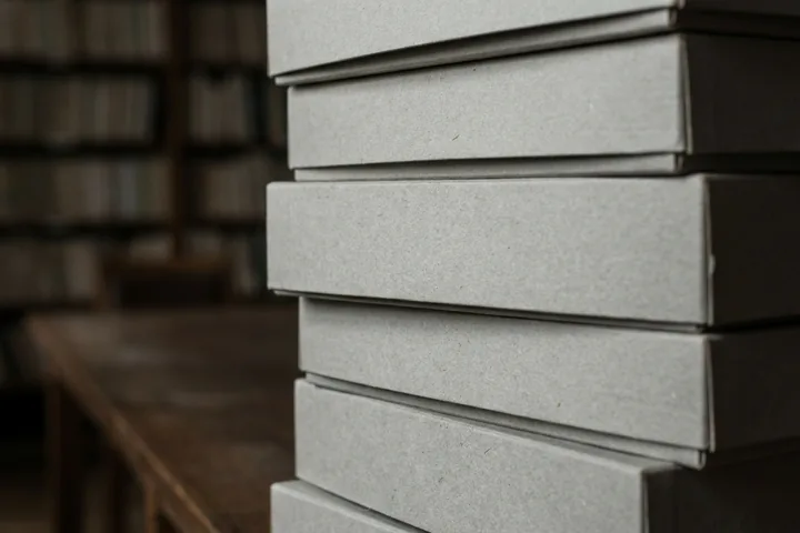 Stack of light grey textured archival boxes on a blurry dark wooden table before dim library shelves (AI-generated image)