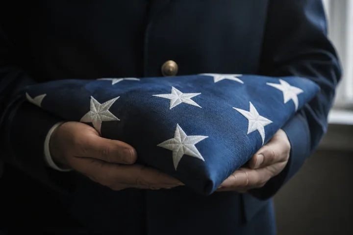 A folded flag held in two hands over a dark uniform, cropped close so no face is visible (AI-generated image)