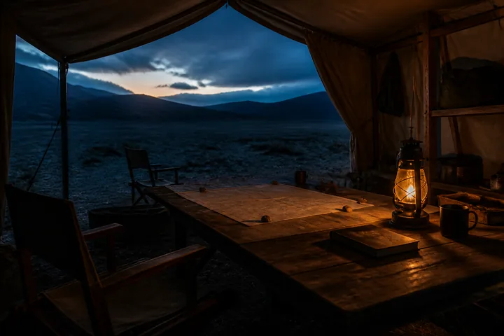 A field table under a canvas awning at dusk, chairs pushed back, a map weighted with stones beside a lit lantern (AI-generated image)
