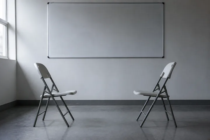 Two folding chairs facing each other in a bare room with a wiped-clean whiteboard behind them (AI-generated image)