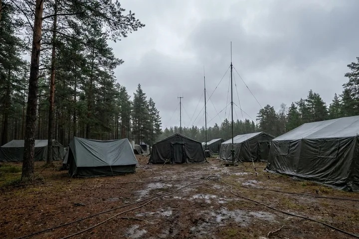 Olive green canvas tents and tall antenna masts set up on wet, muddy forest ground under a dim, cloudy sky (AI-generated image)