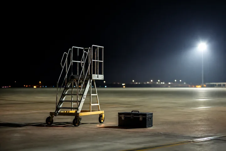 A maintenance stand and a toolbox left on an empty apron under high floodlights at night (AI-generated image)