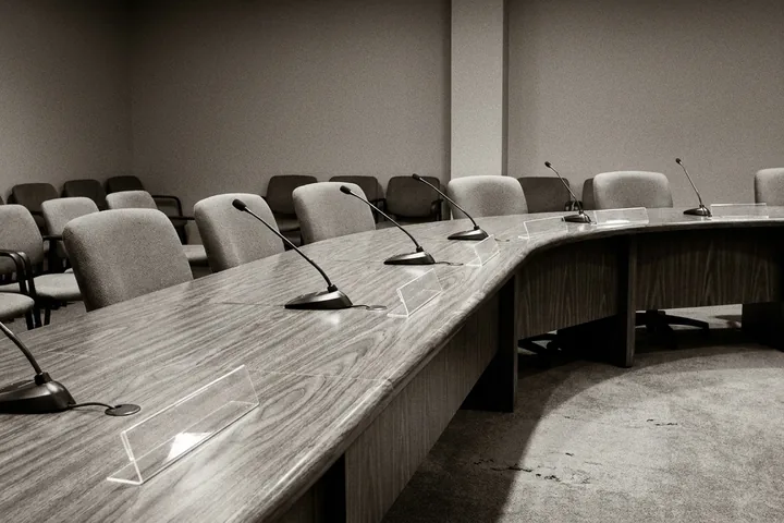A curved wooden conference table with gooseneck microphones, clear stands, and empty chairs in a dimly lit, sepia-toned room (AI-generated image)