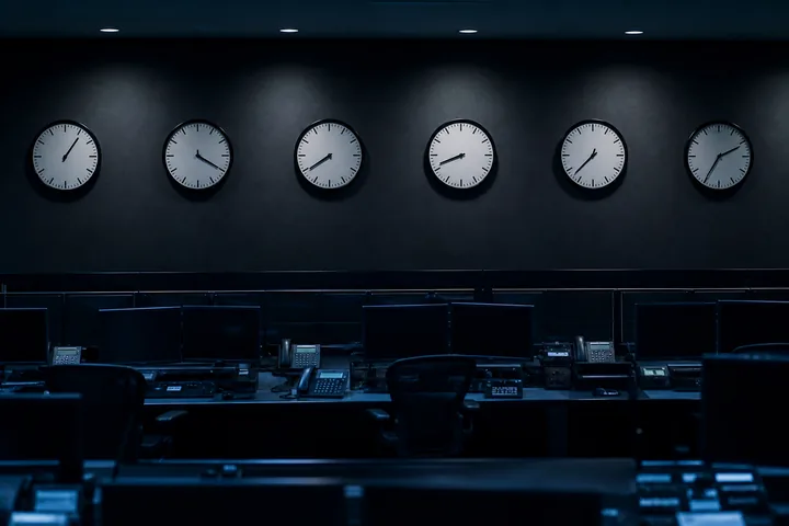 A bank of wall clocks set to different times above a dark, unmanned operations floor (AI-generated image)