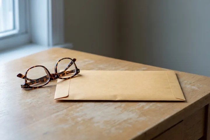 Tortoise-shell eyeglasses resting over a brown envelope on a worn wooden table (AI-generated image)
