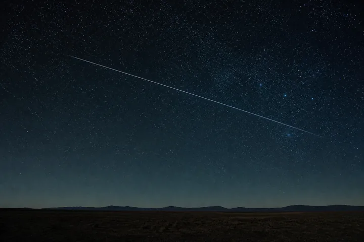 A satellite trail crossing a starfield above a dark desert horizon in a long exposure (AI-generated image)