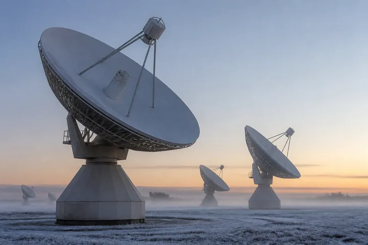 A satellite dish array at first light, antennas at different elevations against a pale sky with frost on the ground (AI-generated image)
