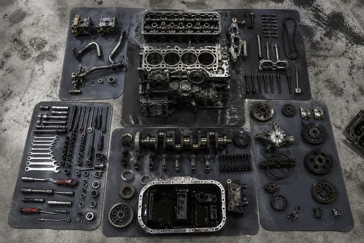 Engine components laid out in order on drip mats across a maintenance bay floor, seen from directly above (AI-generated image)
