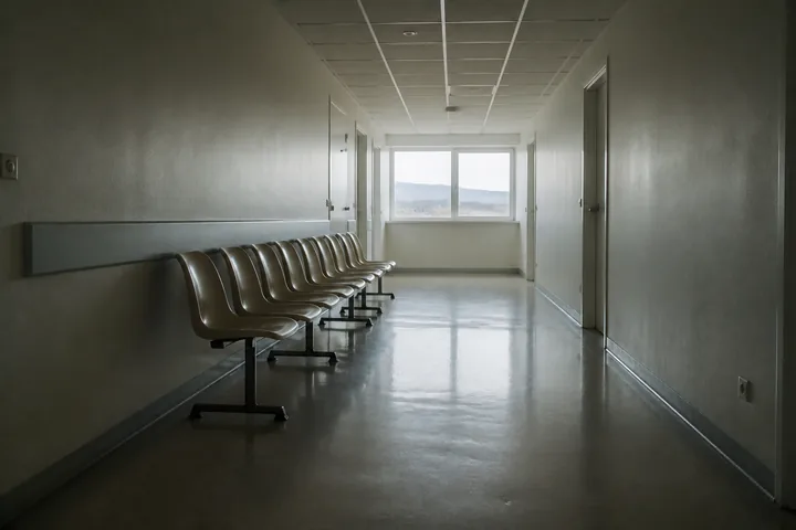 A hospital corridor with a row of empty chairs along one wall and a window at the far end (AI-generated image)