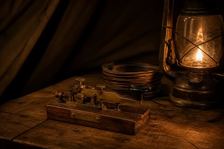 A field telegraph key and a coil of wire on a plank table beside an oil lamp (AI-generated image)