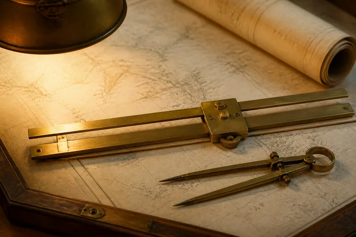 A brass parallel rule, dividers and a rolled chart on a wooden chart table under a shaded lamp (AI-generated image)