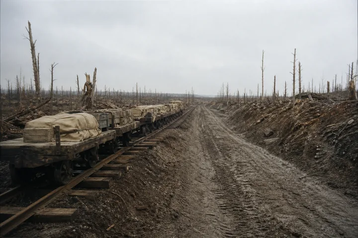 A narrow-gauge supply railway running beside a rutted mud road through shell-torn ground (AI-generated image)