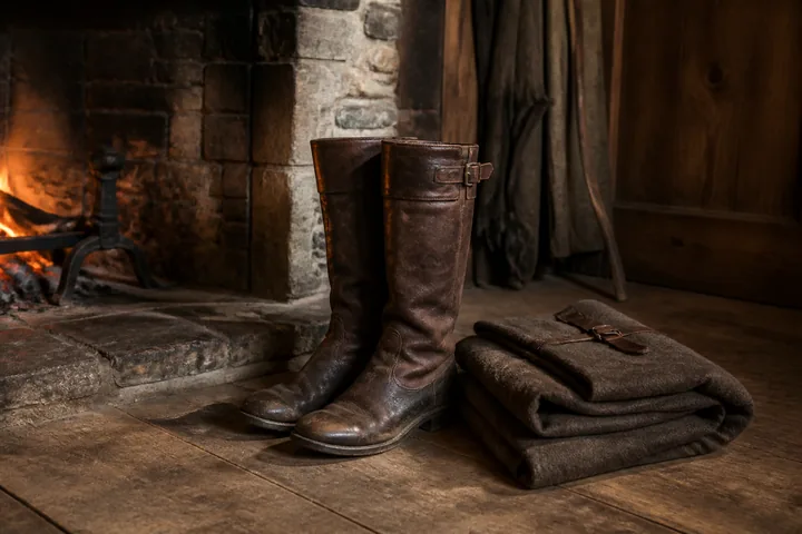 Worn leather riding boots and a folded wool cloak on a plank floor beside a stone hearth (AI-generated image)