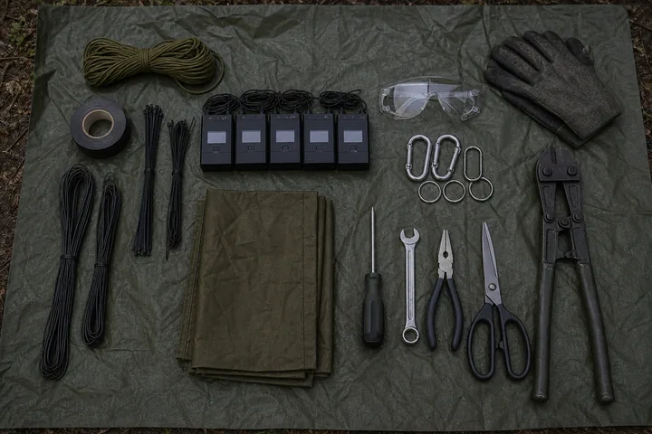 A demolition kit laid out on a groundsheet: cord, tape, timers and tools arranged in order (AI-generated image)