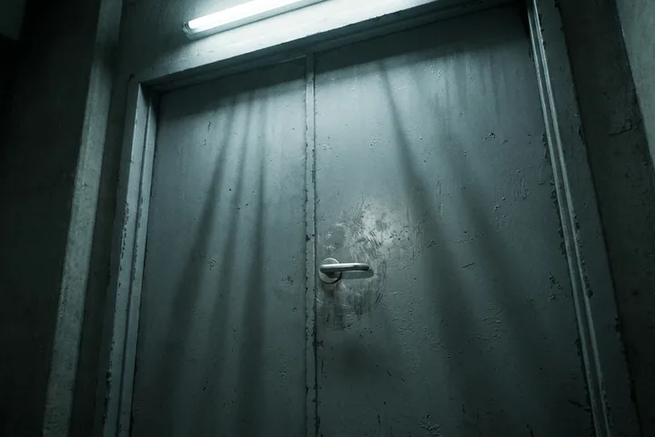 Closed, scratched, grey-green metal double door with a silver handle (AI-generated image)