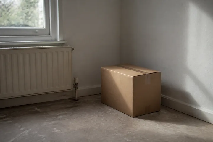 A removal box taped shut on a bare floor beside a radiator in an empty room (AI-generated image)
