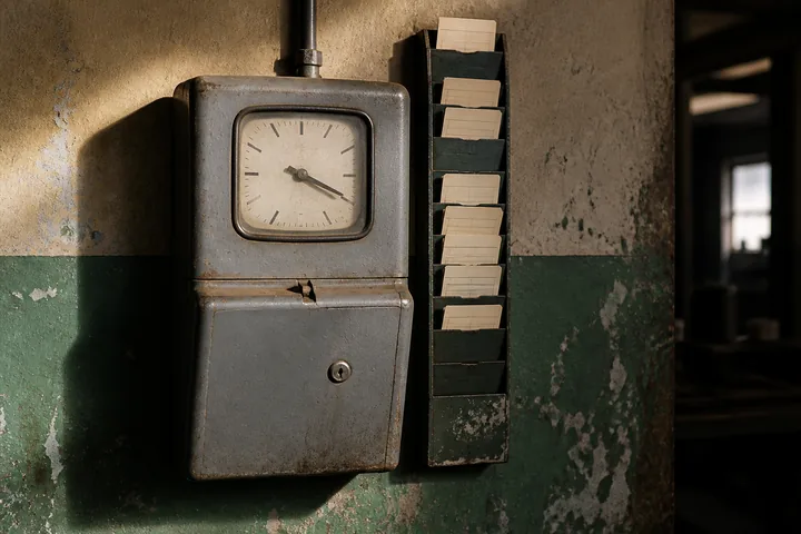A time clock on a workshop wall with a rack of blank cards beside it (AI-generated image)