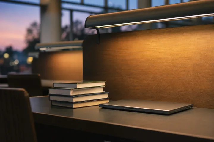 A stack of textbooks and a closed laptop on a library carrel under a lit lamp (AI-generated image)