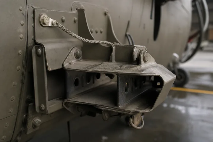 A helicopter's stub wing with empty rocket-pod mounts, rivets and a grounding strap (AI-generated image)
