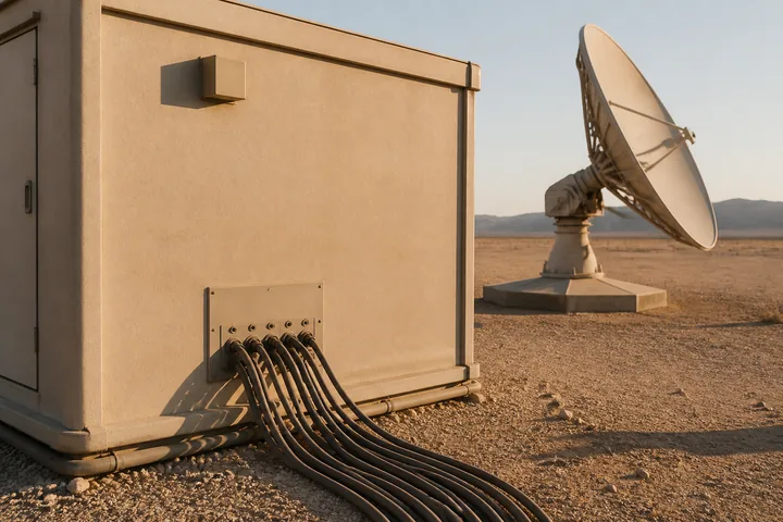 A ground control shelter with cable bundles entering through a panel and a satellite dish beside it (AI-generated image)
