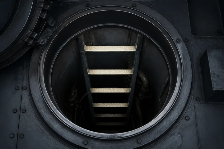 A submarine's open hatch and vertical ladder seen from directly above, painted rungs (AI-generated image)