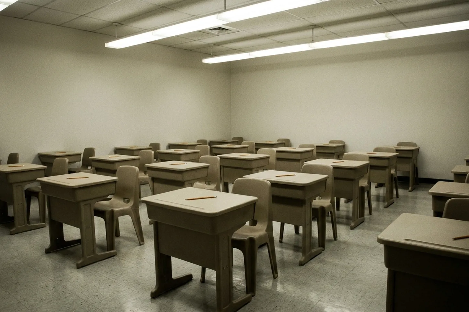 Empty classroom with rows of beige student desks and chairs, each holding a pencil, on a tiled floor (AI-generated image)