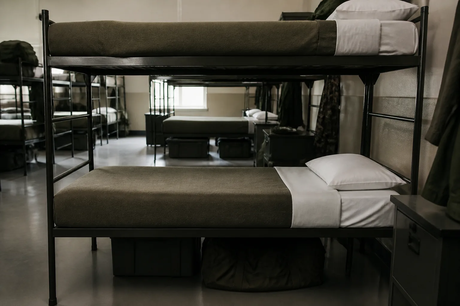 An empty bunk in a barracks room, blanket squared away, adjacent bunks made (AI-generated image)