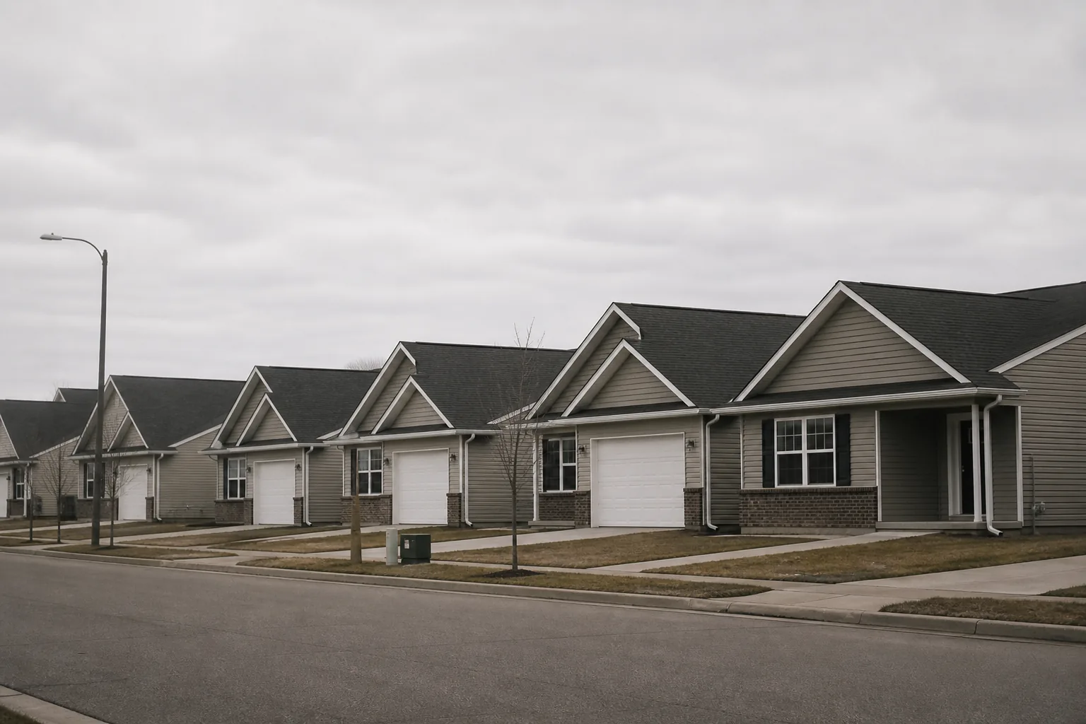 A row of identical suburban rental houses on a quiet street under flat overcast light (AI-generated image)