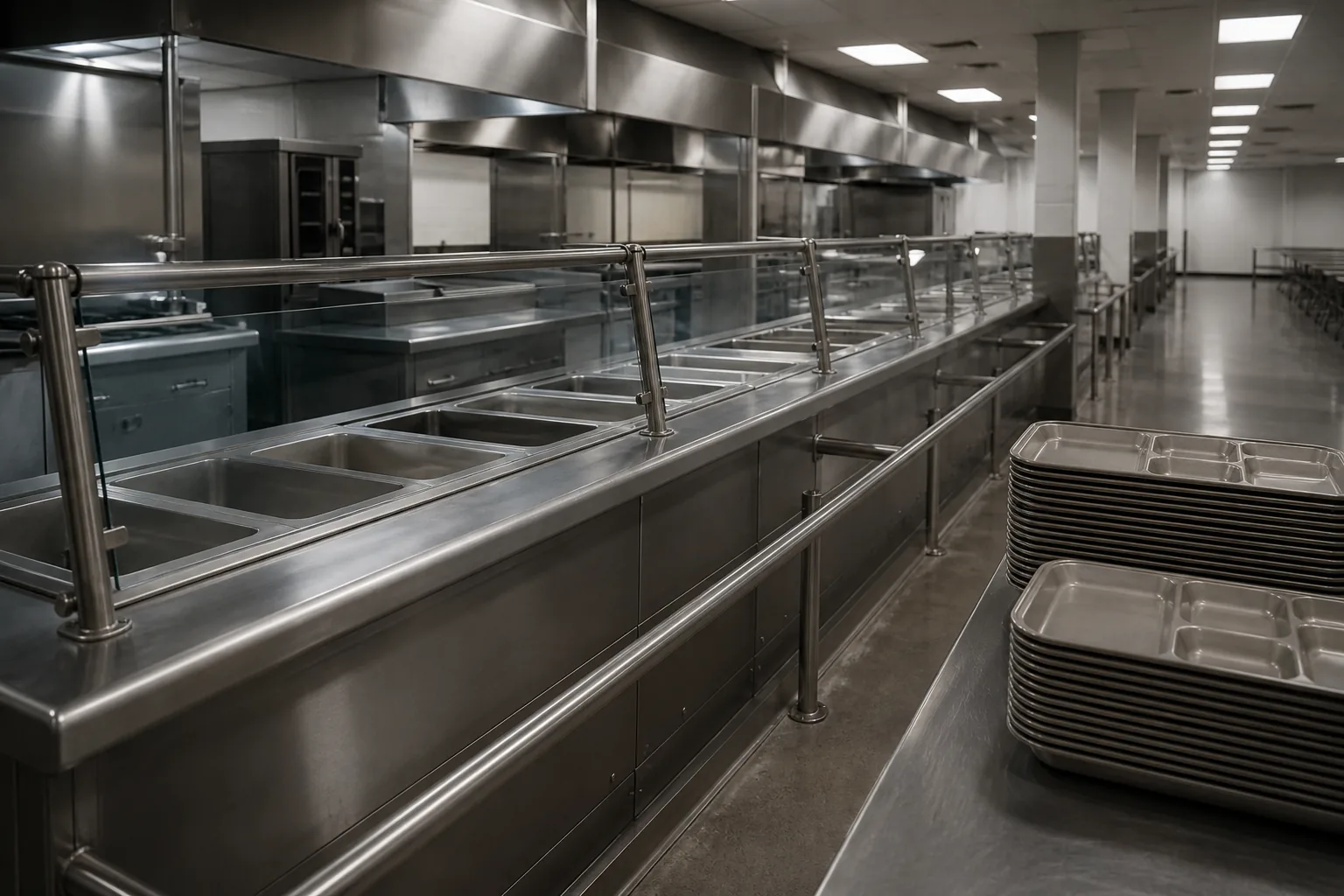 A stainless-steel military dining facility serving line with empty trays stacked at the end (AI-generated image)