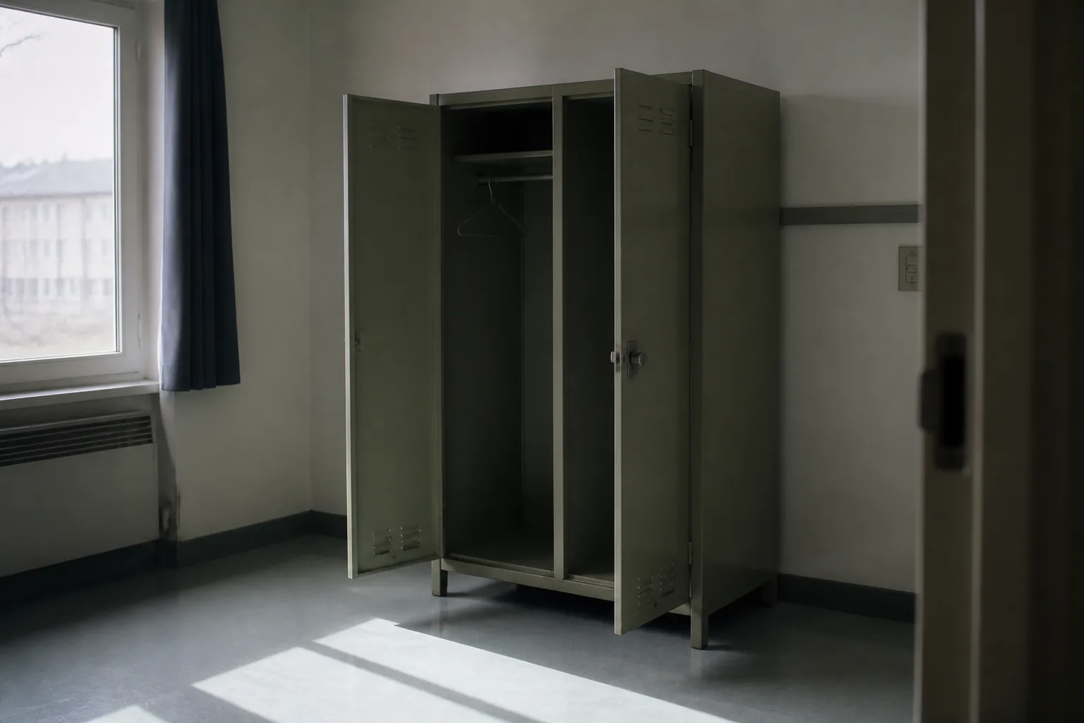 An emptied wall locker standing open in a bare barracks room, one hanger left inside (AI-generated image)