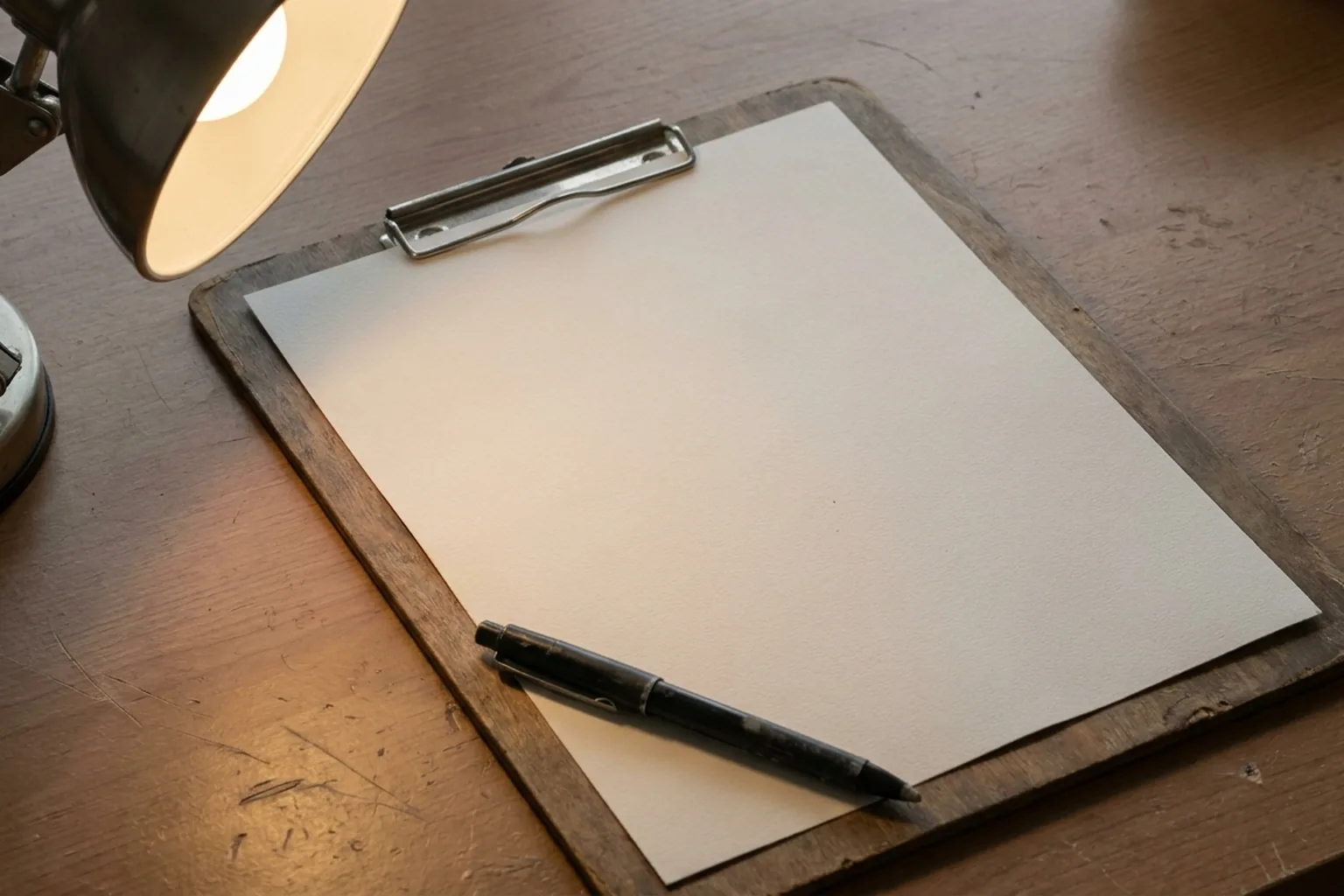 A clipboard holding blank paper with a black pen laid across it on a scratched wooden desk (AI-generated image)