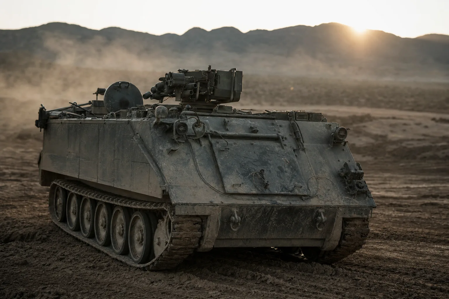 A weathered tracked armoured vehicle parked on churned desert ground at a training area, low sun behind a distant ridge (AI-generated image)