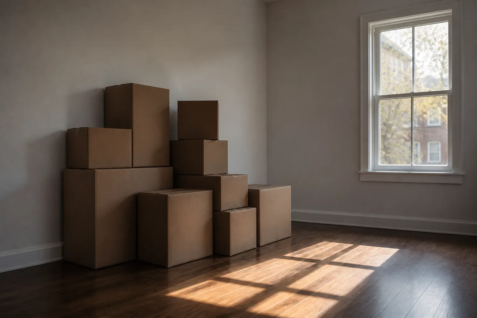 Cardboard moving boxes stacked in an empty room with bare walls and afternoon light on the floor (AI-generated image)