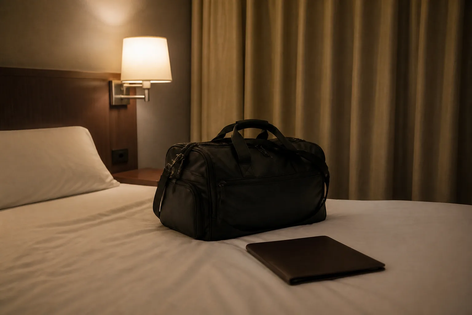 A single packed duffel bag and a folder on a plain hotel bed under a bedside lamp (AI-generated image)