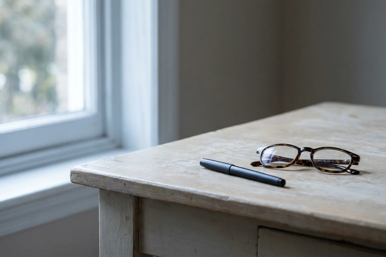 Tortoiseshell eyeglasses and a black pen resting on a light weathered wooden table near a window with soft natural light (AI-generated image)