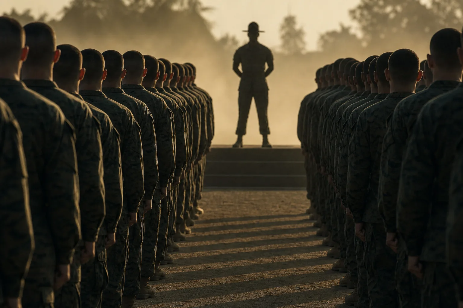 Recruits in formation on a parade ground at dawn seen from behind, an instructor silhouetted at the front (AI-generated image)