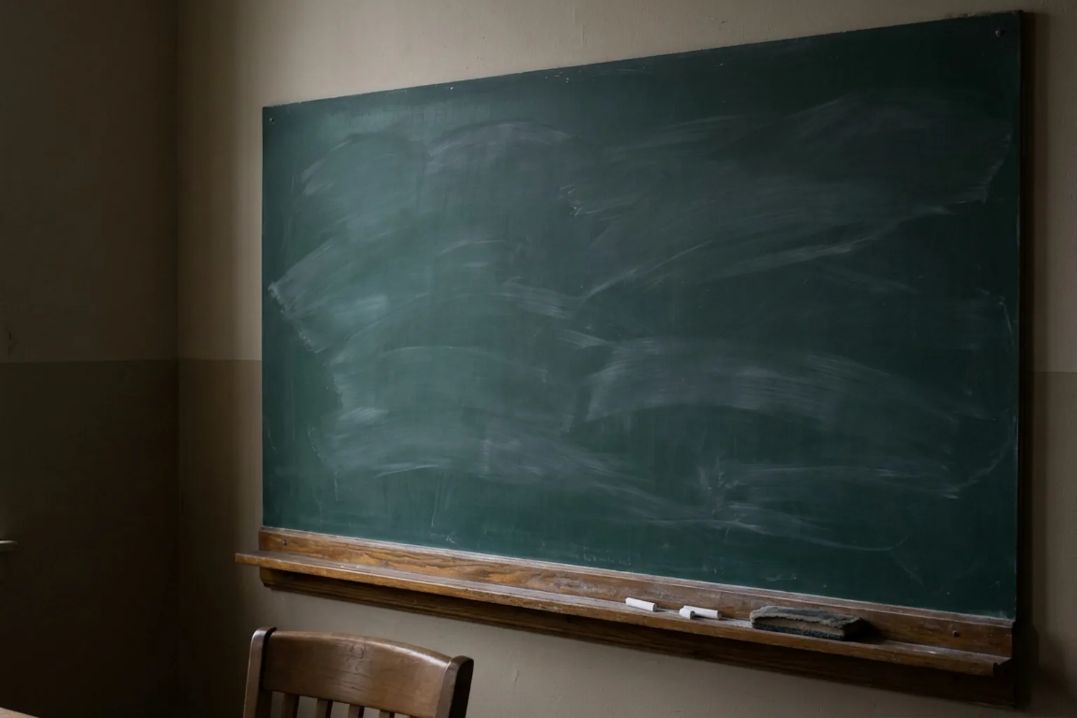 Faintly marked green chalkboard with a wooden ledge holding chalk and an eraser, mounted on a dimly lit beige wall (AI-generated image)
